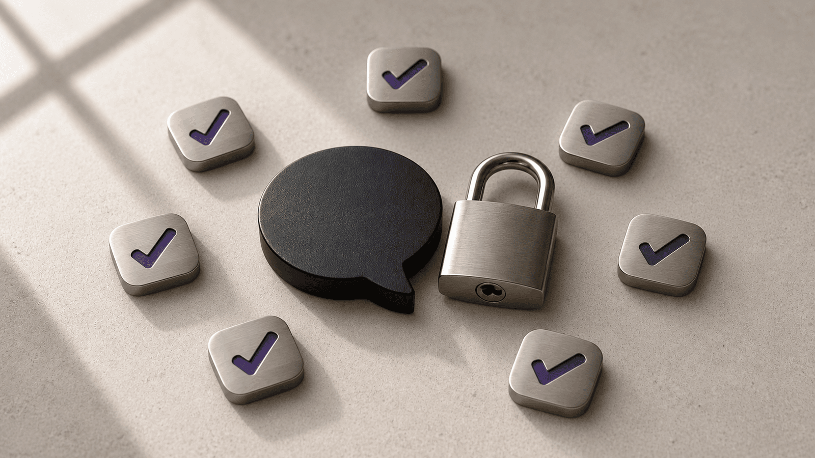 DSGVO-Checkliste für Chatbots – 7 Punkte mit Icons für Server, Verschlüsselung, Einwilligung und Löschung