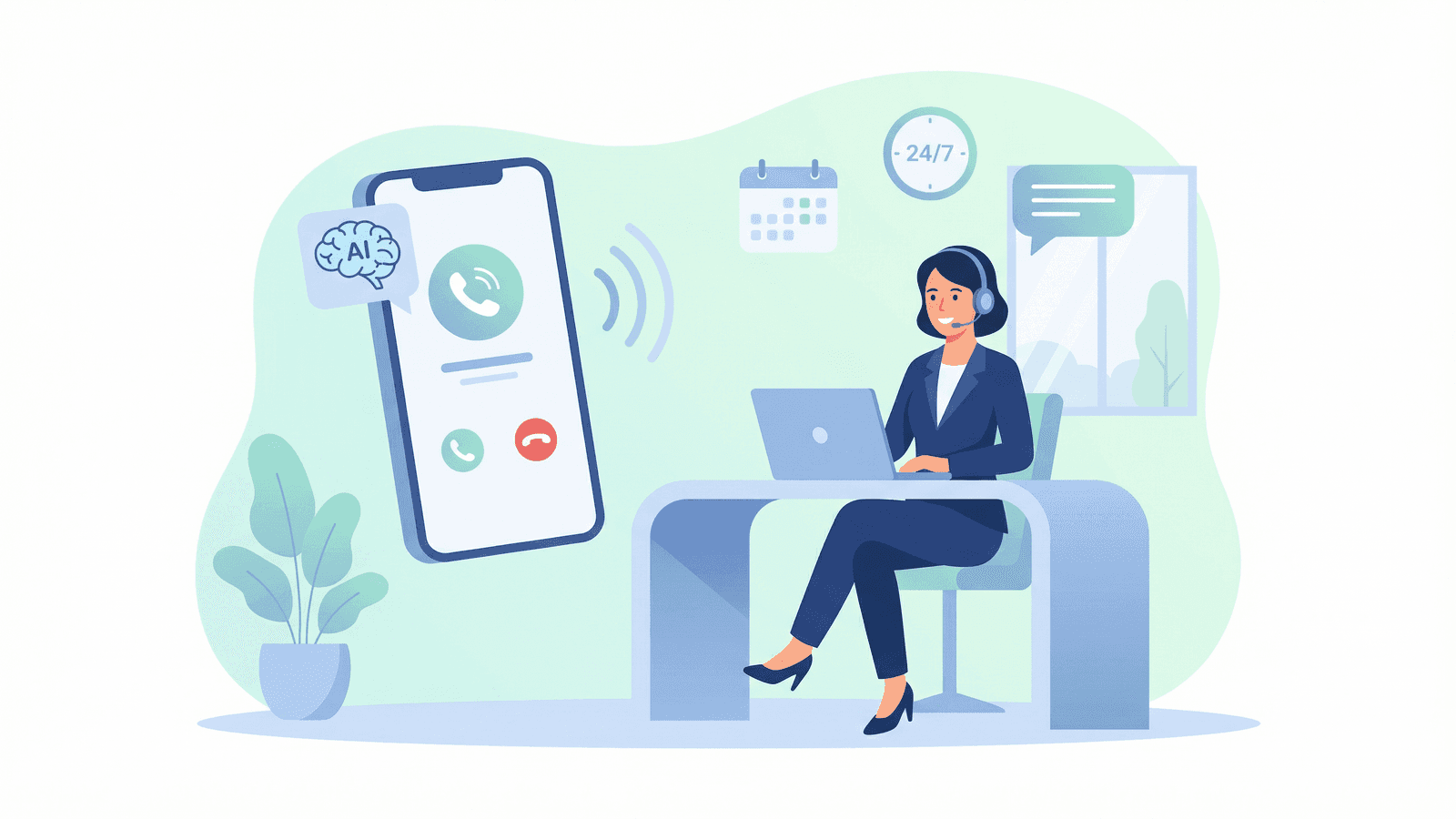 Was ist ein KI-Telefonassistent -- Business-Frau mit Headset neben Smartphone mit KI-Anruf-Interface