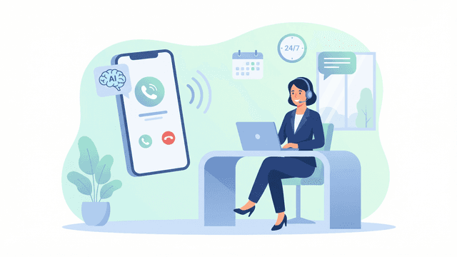 Was ist ein KI-Telefonassistent -- Business-Frau mit Headset neben Smartphone mit KI-Anruf-Interface